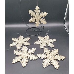 Set Of 5 Snowflake Ornaments Plastic With Glitter With Hangers